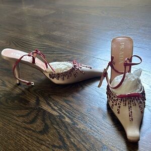 Prada beaded pointed toe vintage satin heels with beading